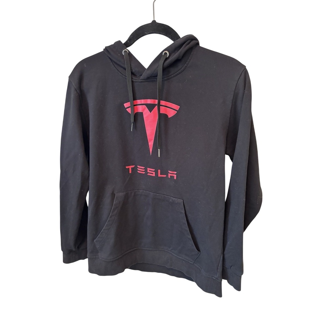 THREE IN Tesla Graphic Print Black Fleece Hoodie Pullover Hooded Pockets Size S